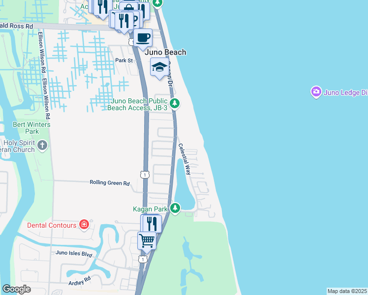map of restaurants, bars, coffee shops, grocery stores, and more near 380 Celestial Way in Juno Beach