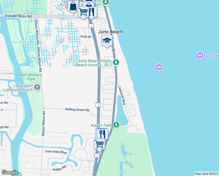map of restaurants, bars, coffee shops, grocery stores, and more near 411 Jupiter Ln in Juno Beach
