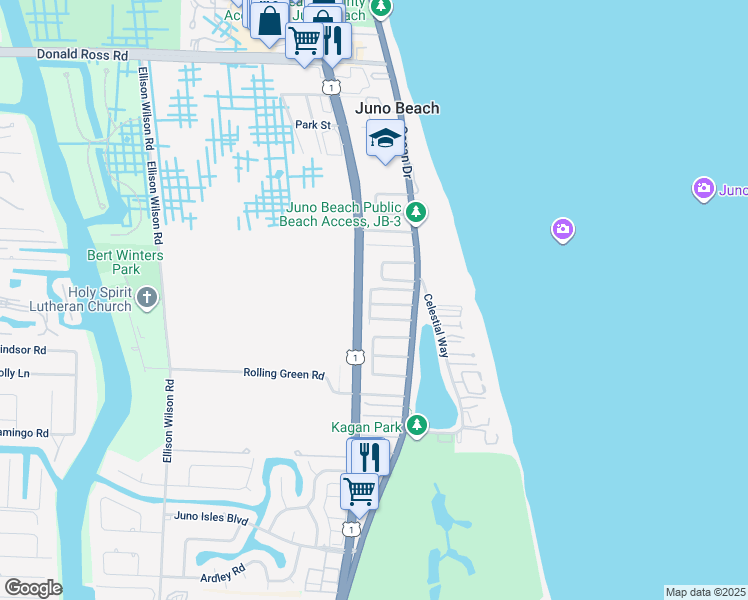 map of restaurants, bars, coffee shops, grocery stores, and more near 381 Zenith Lane in North Palm Beach