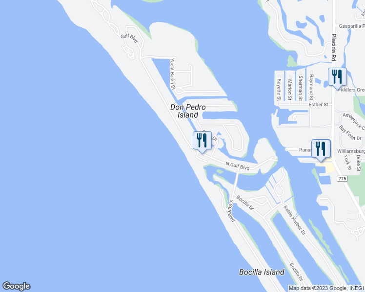 map of restaurants, bars, coffee shops, grocery stores, and more near 221 Gulf Boulevard in Placida
