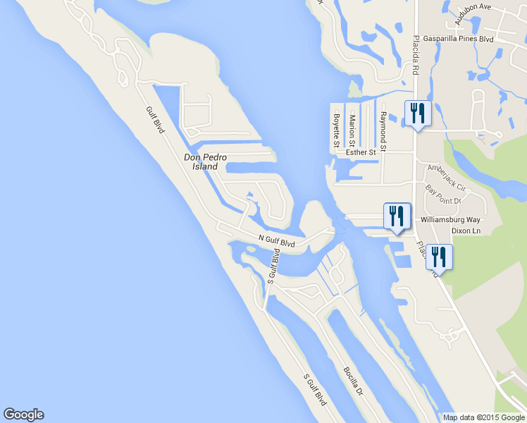 map of restaurants, bars, coffee shops, grocery stores, and more near 25 Bayshore Circle in Placida