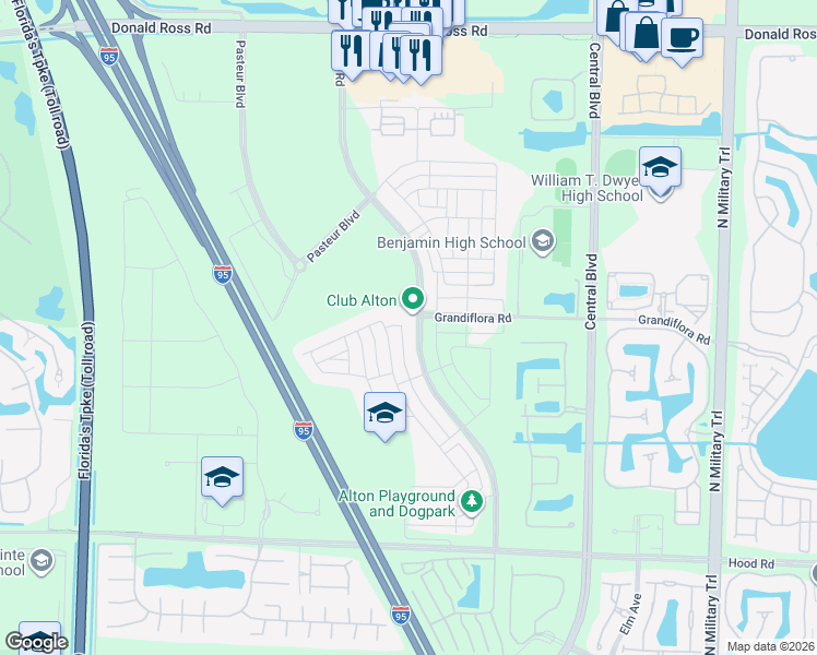 map of restaurants, bars, coffee shops, grocery stores, and more near 13141 Alton Road in Palm Beach Gardens