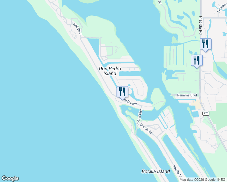 map of restaurants, bars, coffee shops, grocery stores, and more near 220 North Gulf Boulevard in Cape Haze