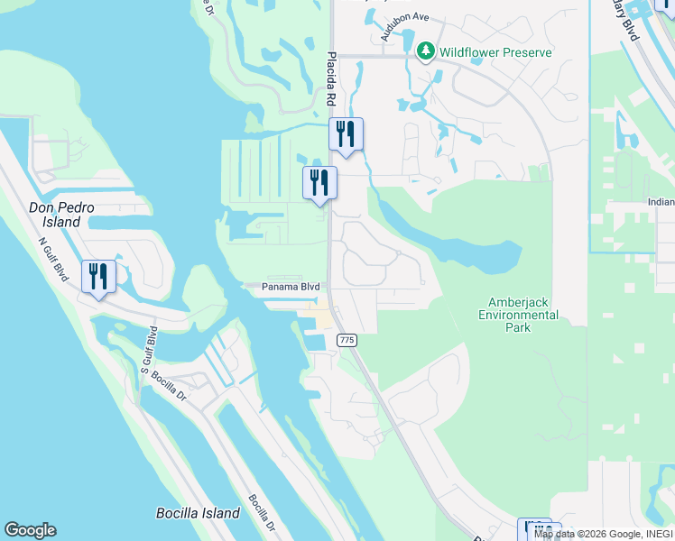 map of restaurants, bars, coffee shops, grocery stores, and more near 6990 Placida Road in Englewood