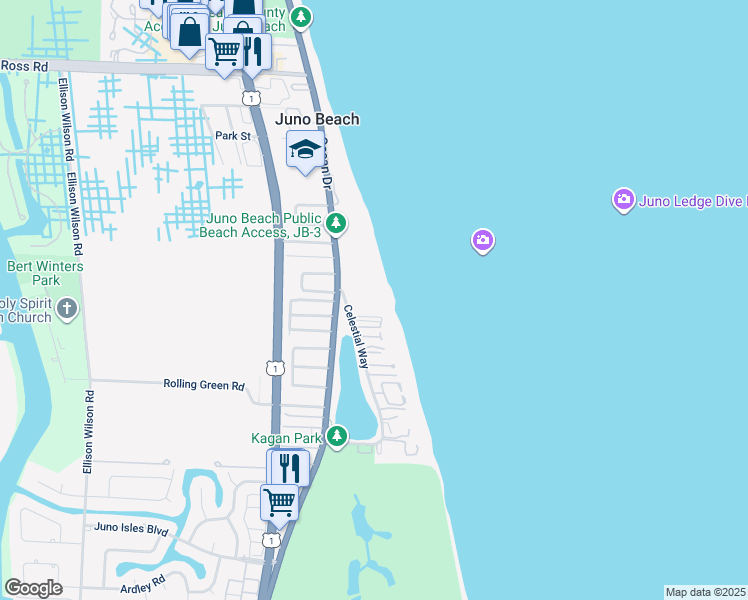 map of restaurants, bars, coffee shops, grocery stores, and more near 241 Mercury Road in Juno Beach