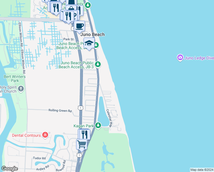 map of restaurants, bars, coffee shops, grocery stores, and more near 241 Mercury Road in Juno Beach