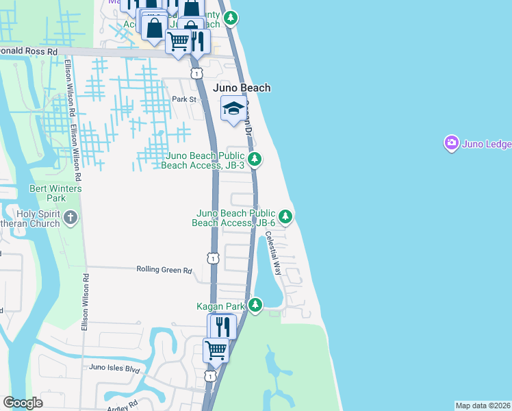 map of restaurants, bars, coffee shops, grocery stores, and more near 380 Celestial Way in Juno Beach