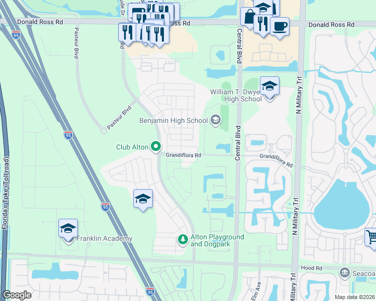 map of restaurants, bars, coffee shops, grocery stores, and more near 5025 Grandiflora Road in Palm Beach Gardens