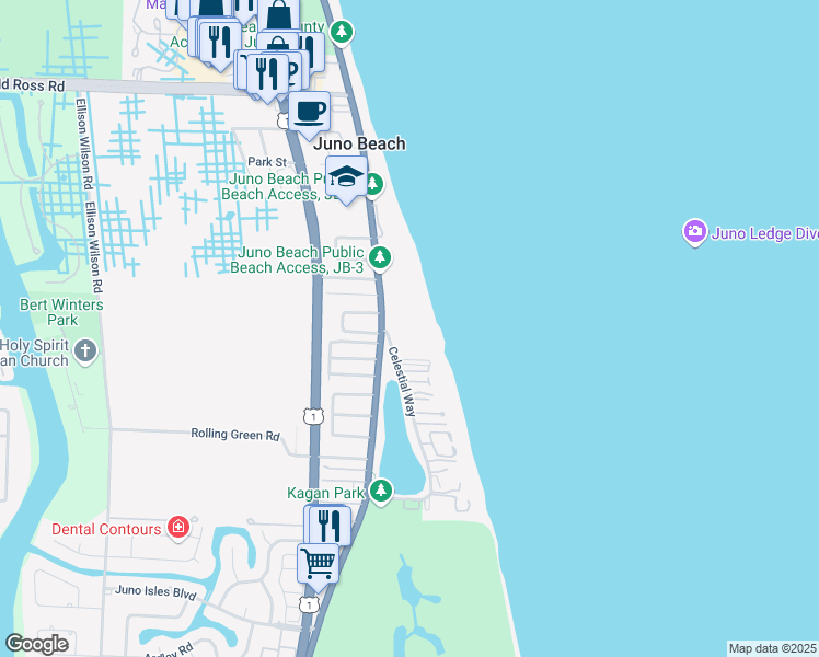 map of restaurants, bars, coffee shops, grocery stores, and more near 500 Ocean Drive in Juno Beach