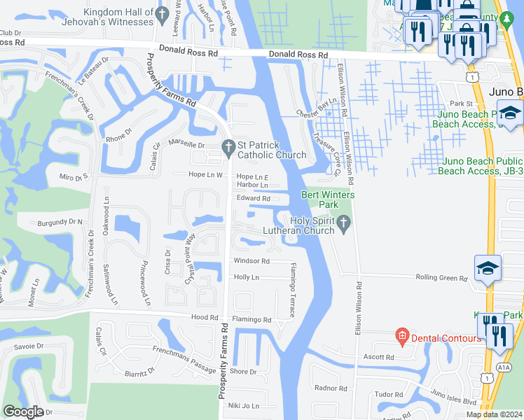 map of restaurants, bars, coffee shops, grocery stores, and more near 2339 Edward Road in West Palm Beach