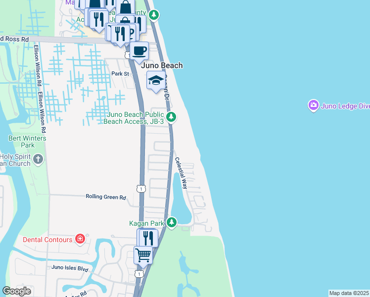 map of restaurants, bars, coffee shops, grocery stores, and more near 450 Ocean Drive in Juno Beach
