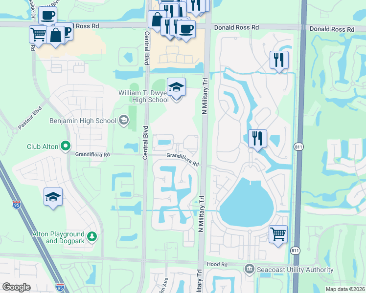 map of restaurants, bars, coffee shops, grocery stores, and more near 10207 Myrtlewood Circle East in Palm Beach Gardens