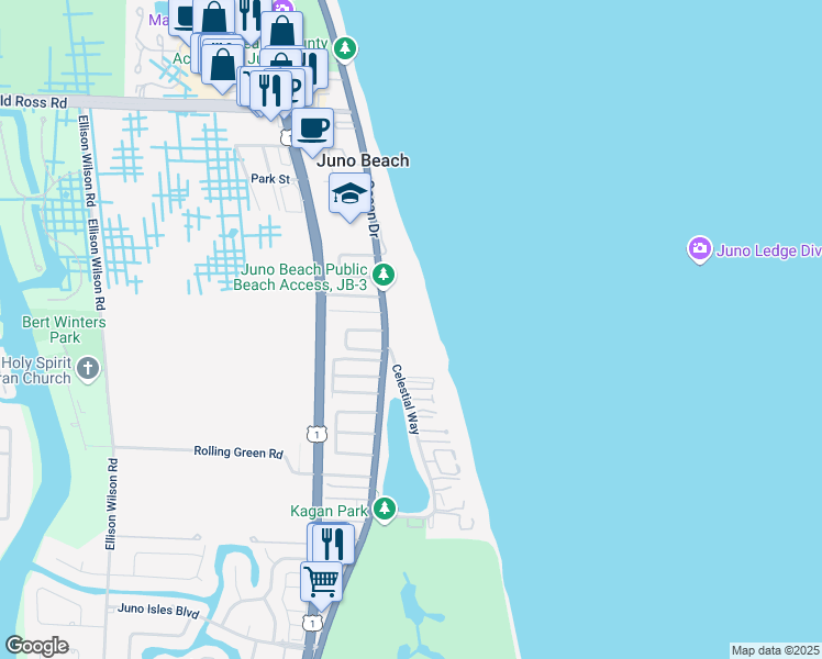 map of restaurants, bars, coffee shops, grocery stores, and more near 500 Ocean Drive in Juno Beach