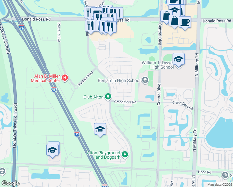 map of restaurants, bars, coffee shops, grocery stores, and more near 4029 Faraday Way in Palm Beach Gardens