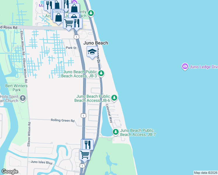 map of restaurants, bars, coffee shops, grocery stores, and more near 500 Ocean Drive in Juno Beach