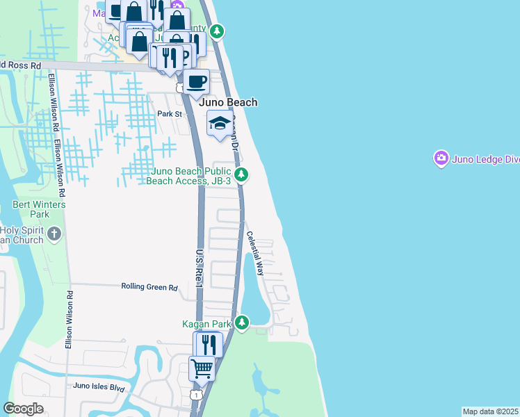 map of restaurants, bars, coffee shops, grocery stores, and more near 500 Ocean Drive in Juno Beach