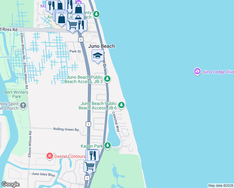 map of restaurants, bars, coffee shops, grocery stores, and more near 500 Ocean Drive in Juno Beach