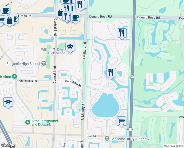 map of restaurants, bars, coffee shops, grocery stores, and more near 950 Mill Creek Drive in Palm Beach Gardens