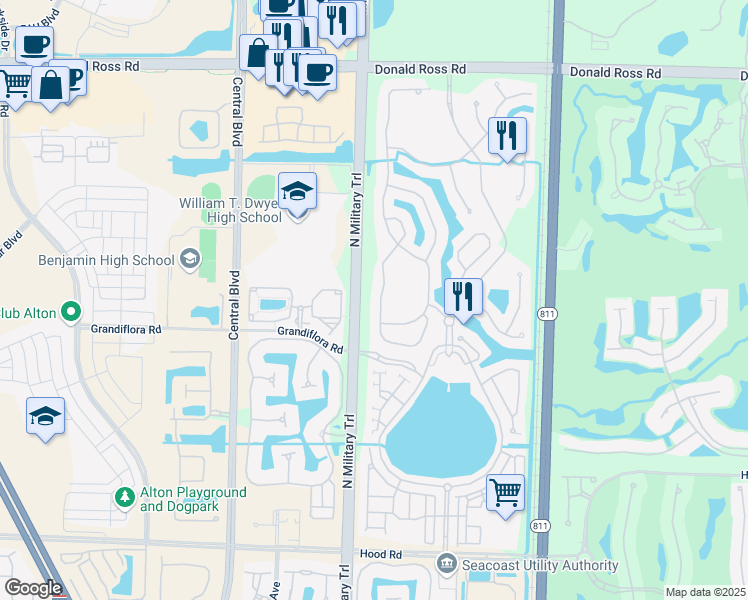 map of restaurants, bars, coffee shops, grocery stores, and more near 950 Mill Creek Drive in Palm Beach Gardens