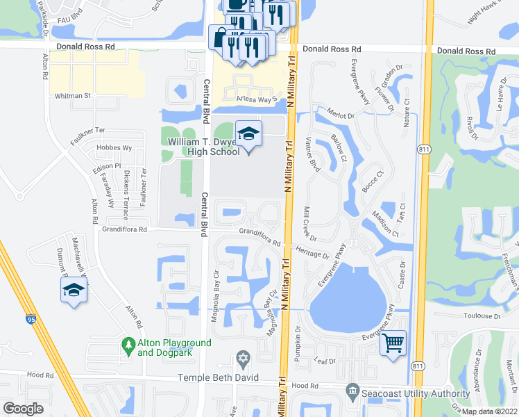 map of restaurants, bars, coffee shops, grocery stores, and more near 6303 Myrtlewood Circle East in Palm Beach Gardens