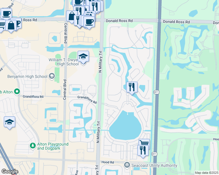 map of restaurants, bars, coffee shops, grocery stores, and more near 950 Mill Creek Drive in Palm Beach Gardens