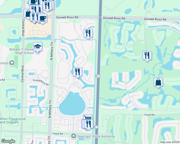 map of restaurants, bars, coffee shops, grocery stores, and more near 873 Taft Court in Palm Beach Gardens
