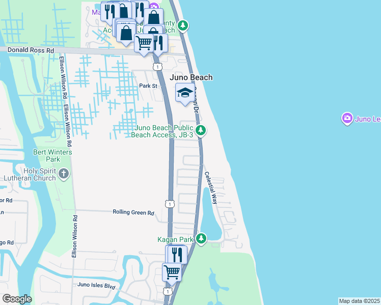 map of restaurants, bars, coffee shops, grocery stores, and more near 411 Apollo Drive in Juno Beach