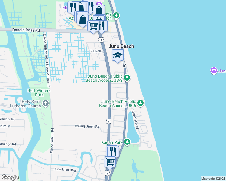 map of restaurants, bars, coffee shops, grocery stores, and more near 13500 U.S. 1 in Juno Beach