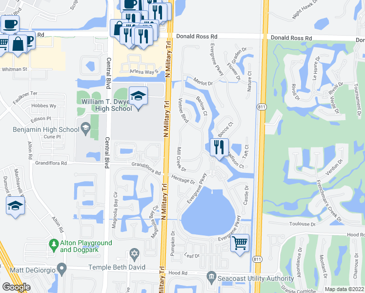 map of restaurants, bars, coffee shops, grocery stores, and more near 953 Mill Creek Drive in Palm Beach Gardens