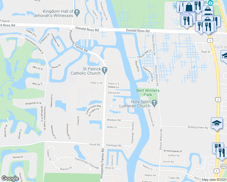 map of restaurants, bars, coffee shops, grocery stores, and more near 2429 Edward Road in West Palm Beach