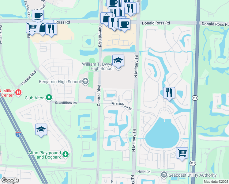 map of restaurants, bars, coffee shops, grocery stores, and more near 6303 Myrtlewood Circle West in Palm Beach Gardens