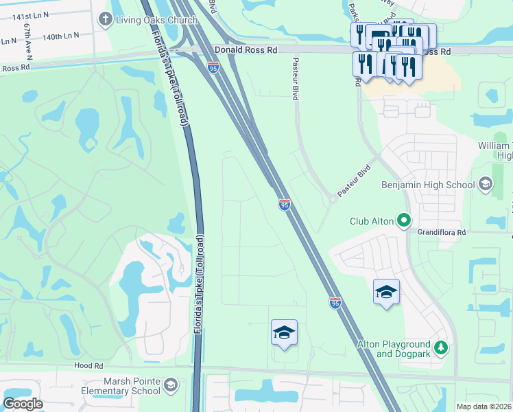 map of restaurants, bars, coffee shops, grocery stores, and more near 13230 Faberge Place in Palm Beach Gardens
