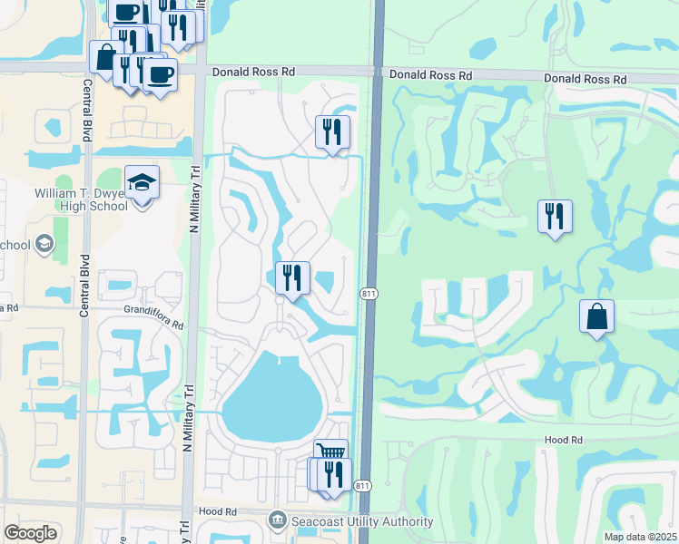map of restaurants, bars, coffee shops, grocery stores, and more near 871 Taft Court in Palm Beach Gardens