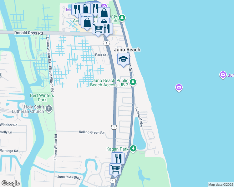 map of restaurants, bars, coffee shops, grocery stores, and more near 490 Neptune Road in Juno Beach
