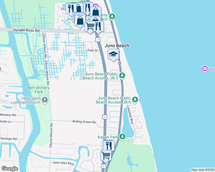 map of restaurants, bars, coffee shops, grocery stores, and more near 490 Neptune Road in Juno Beach