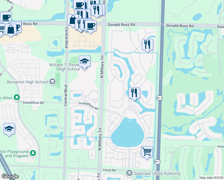 map of restaurants, bars, coffee shops, grocery stores, and more near 957 Mill Creek Drive in Palm Beach Gardens