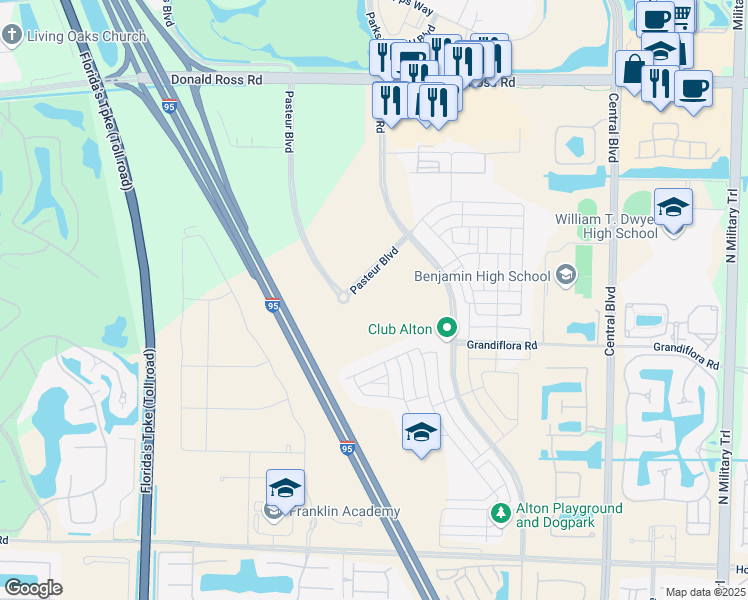 map of restaurants, bars, coffee shops, grocery stores, and more near Highway 9 in Palm Beach Gardens