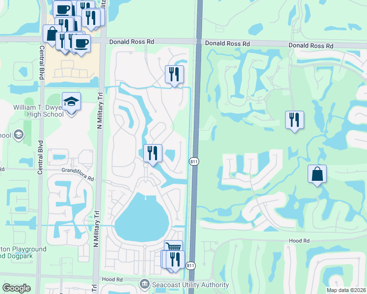 map of restaurants, bars, coffee shops, grocery stores, and more near 880 Taft Court in Palm Beach Gardens