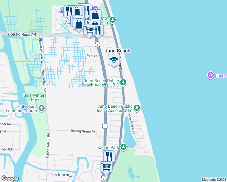 map of restaurants, bars, coffee shops, grocery stores, and more near 411 Apollo Drive in Juno Beach