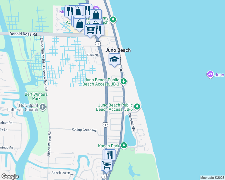 map of restaurants, bars, coffee shops, grocery stores, and more near 411 Apollo Drive in Juno Beach