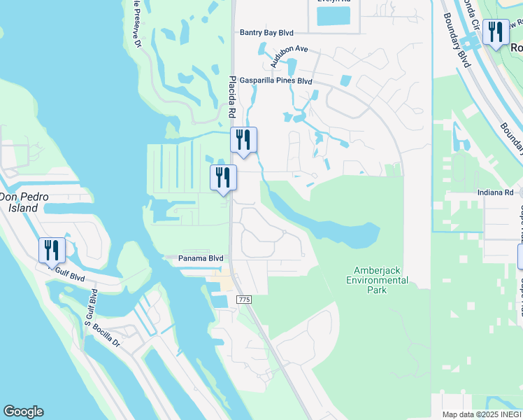 map of restaurants, bars, coffee shops, grocery stores, and more near 6775 Placida Road in Englewood
