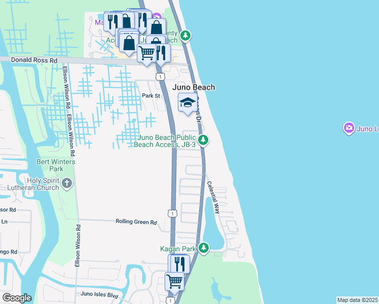 map of restaurants, bars, coffee shops, grocery stores, and more near 430 Mars Way in Juno Beach