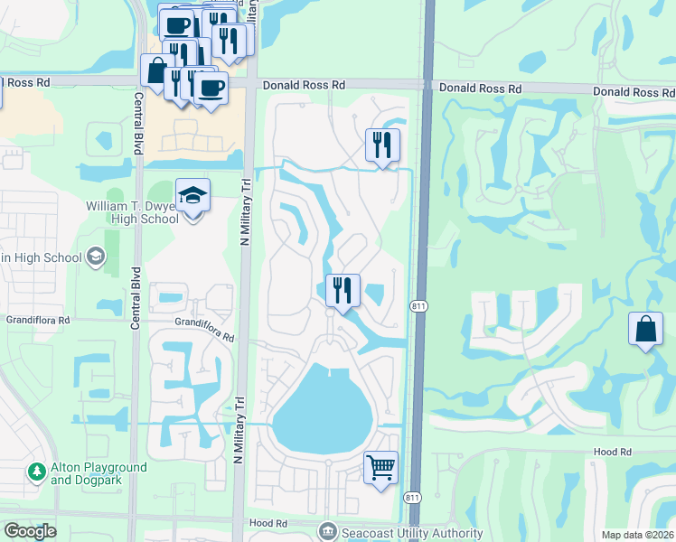 map of restaurants, bars, coffee shops, grocery stores, and more near 715 Bocce Court in Palm Beach Gardens