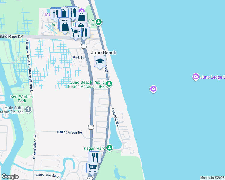 map of restaurants, bars, coffee shops, grocery stores, and more near 570 Ocean Drive in Juno Beach