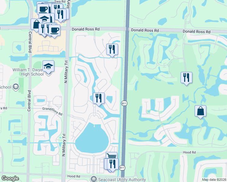 map of restaurants, bars, coffee shops, grocery stores, and more near 885 Taft Court in Palm Beach Gardens