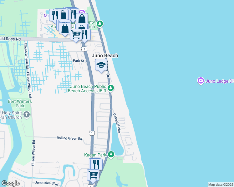 map of restaurants, bars, coffee shops, grocery stores, and more near 600 Ocean Drive in Juno Beach