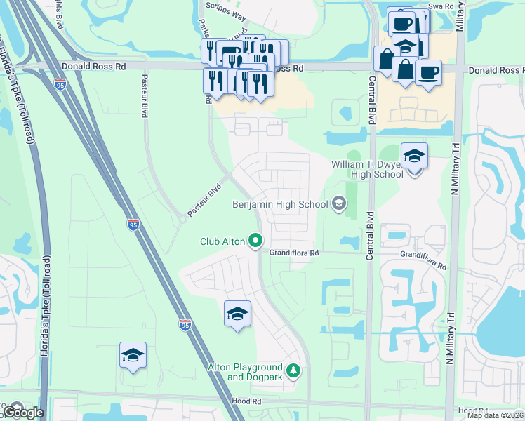 map of restaurants, bars, coffee shops, grocery stores, and more near 4068 Faraday Way in Palm Beach Gardens