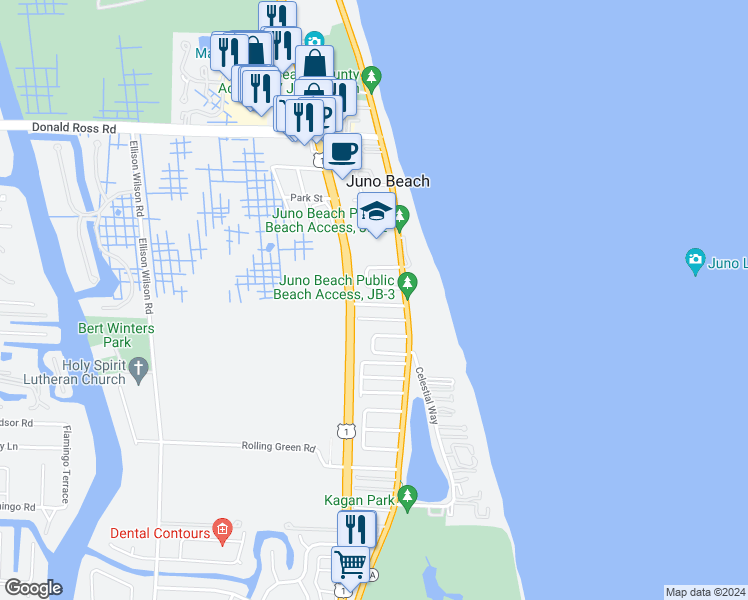 map of restaurants, bars, coffee shops, grocery stores, and more near 451 Mars Way in Juno Beach