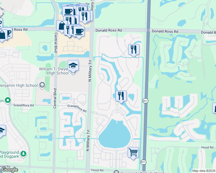 map of restaurants, bars, coffee shops, grocery stores, and more near 1033 Vintner Boulevard in Palm Beach Gardens
