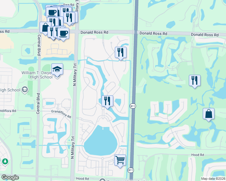map of restaurants, bars, coffee shops, grocery stores, and more near 726 Bocce Court in Palm Beach Gardens